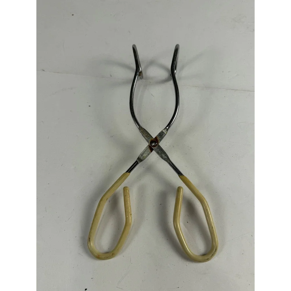 Vintage Canning Jar Lifter Scissor Tongs Chrome Cream Rubber Grip Taiwan Kitchen